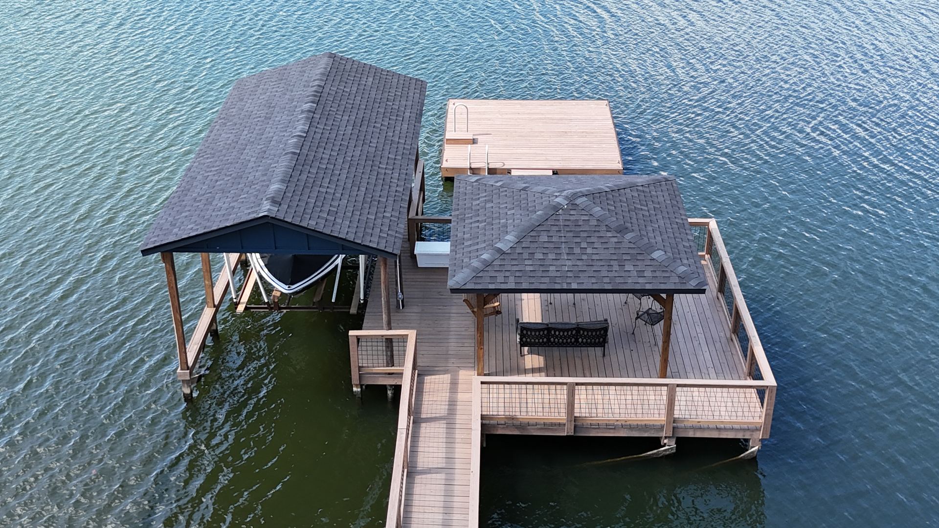 Overhead view of the covered dock and seating